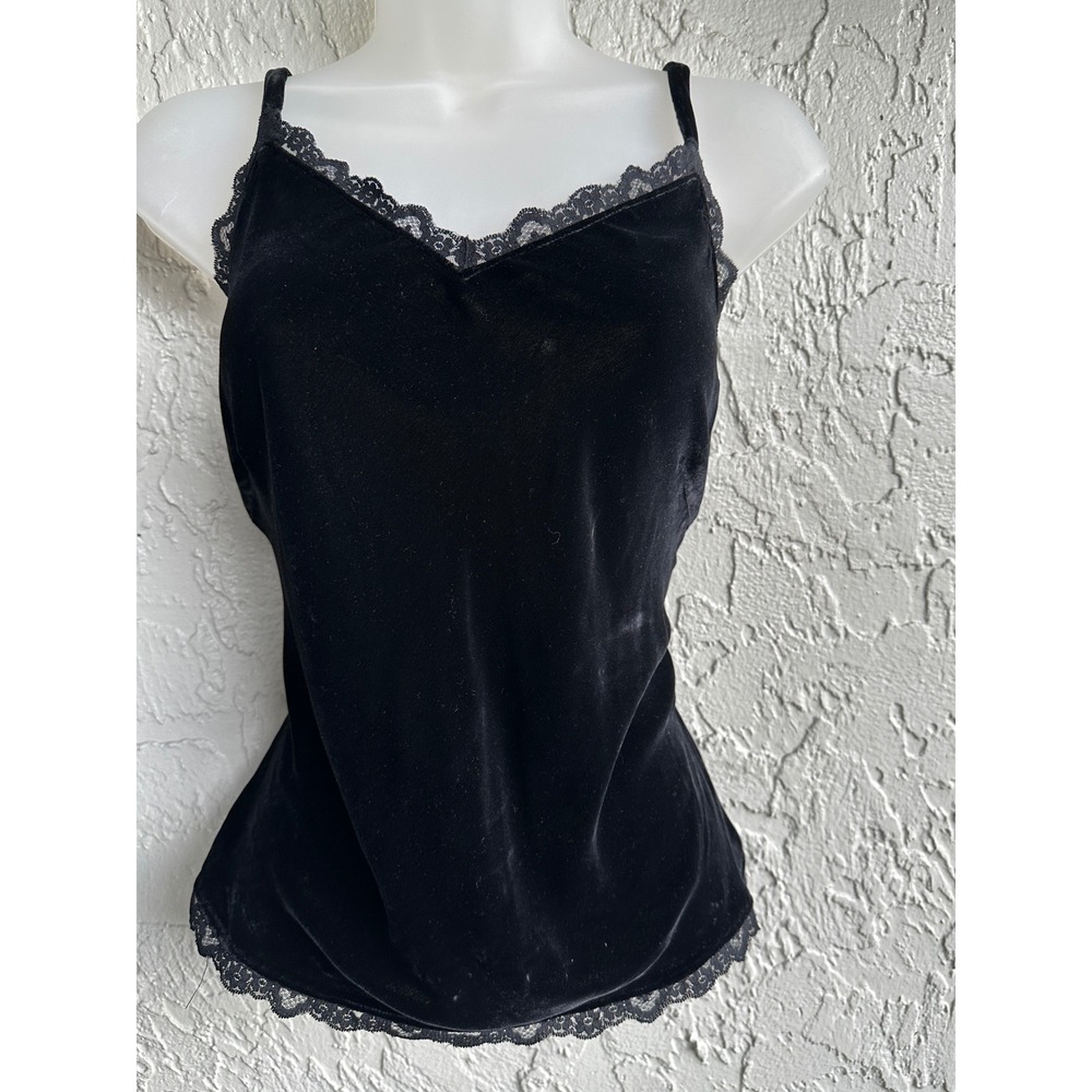 The Limited Y2K Black Silk Blend Velvet Lace Trim Cami Top Large Goth Tank